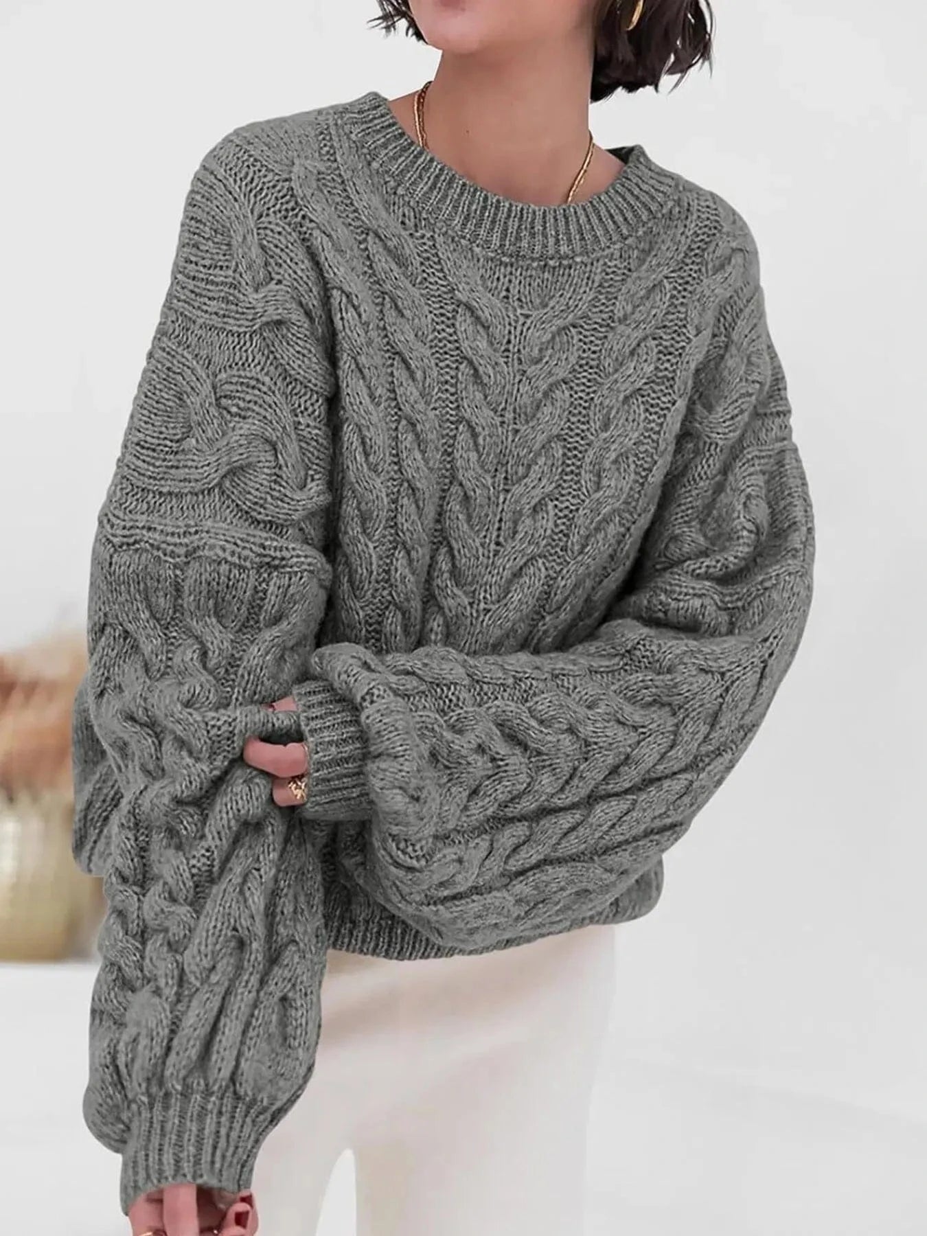 Cable Knit Long Sleeve Sweater - ShalayeFashion