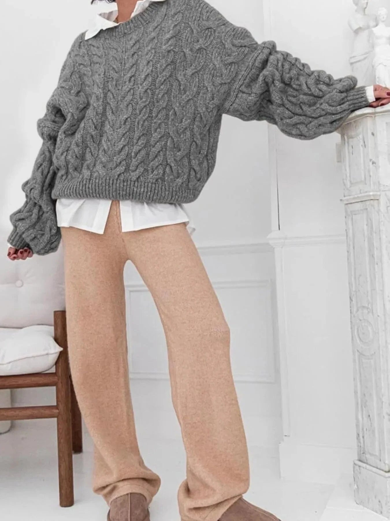 Cable Knit Long Sleeve Sweater - ShalayeFashion