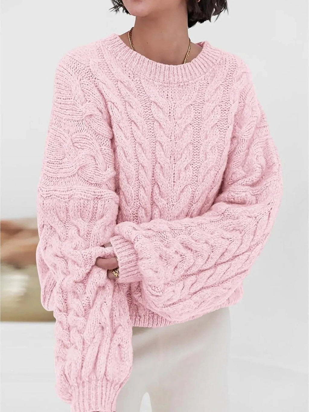 Cable Knit Long Sleeve Sweater - ShalayeFashion