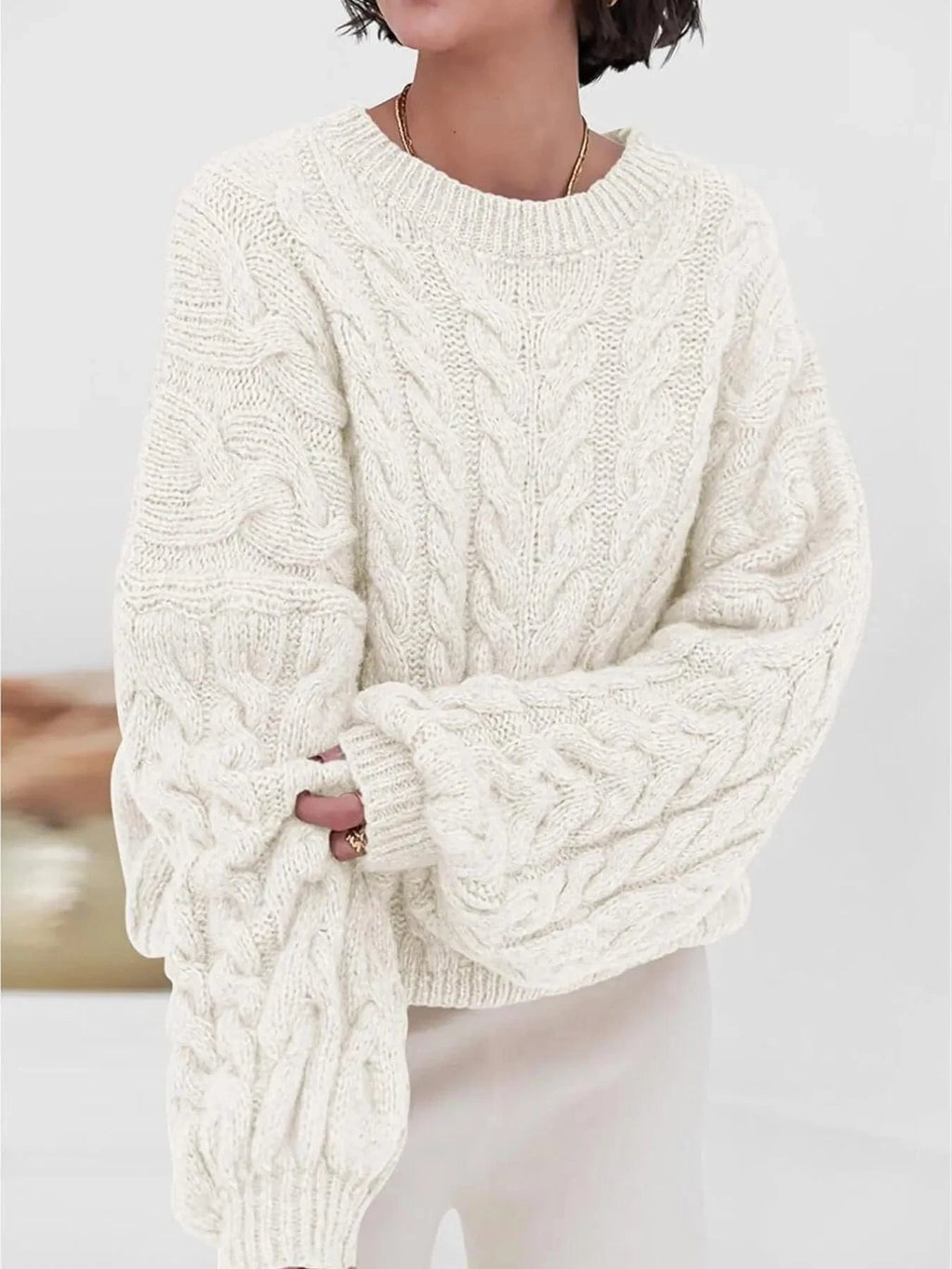 Cable Knit Long Sleeve Sweater - ShalayeFashion