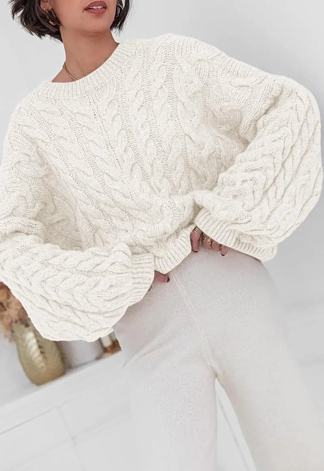 Cable Knit Long Sleeve Sweater - ShalayeFashion
