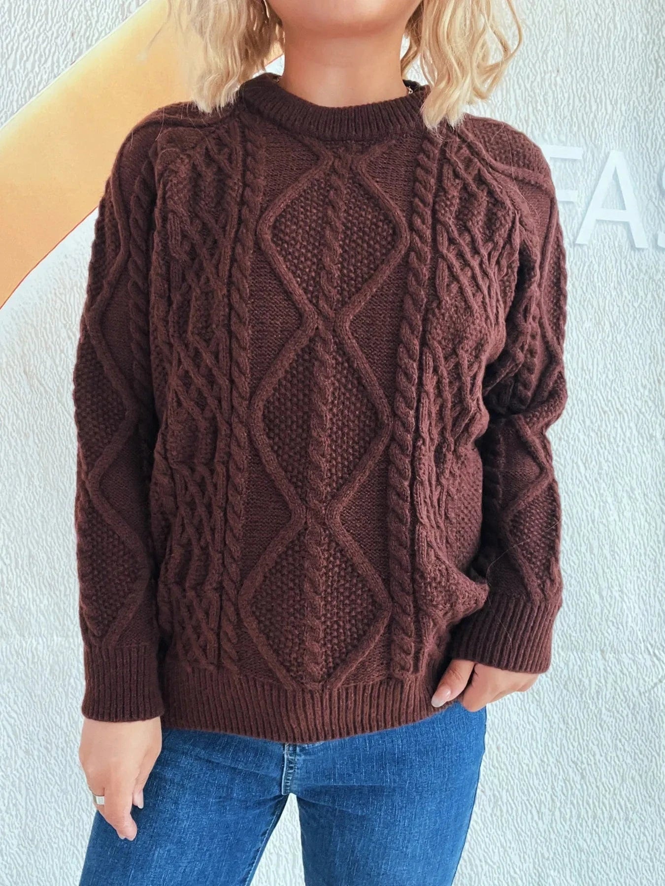Cable Knit Long Sleeve Sweater - ShalayeFashion