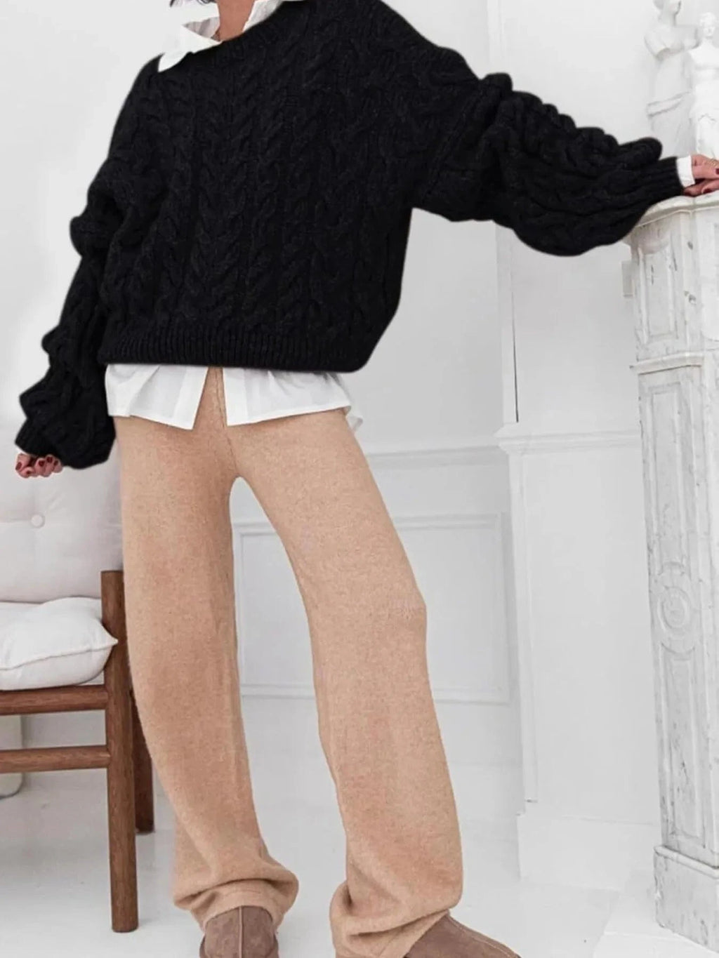 Cable Knit Long Sleeve Sweater - ShalayeFashion