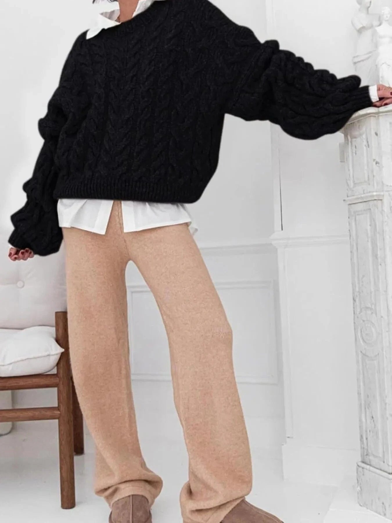 Cable Knit Long Sleeve Sweater - ShalayeFashion