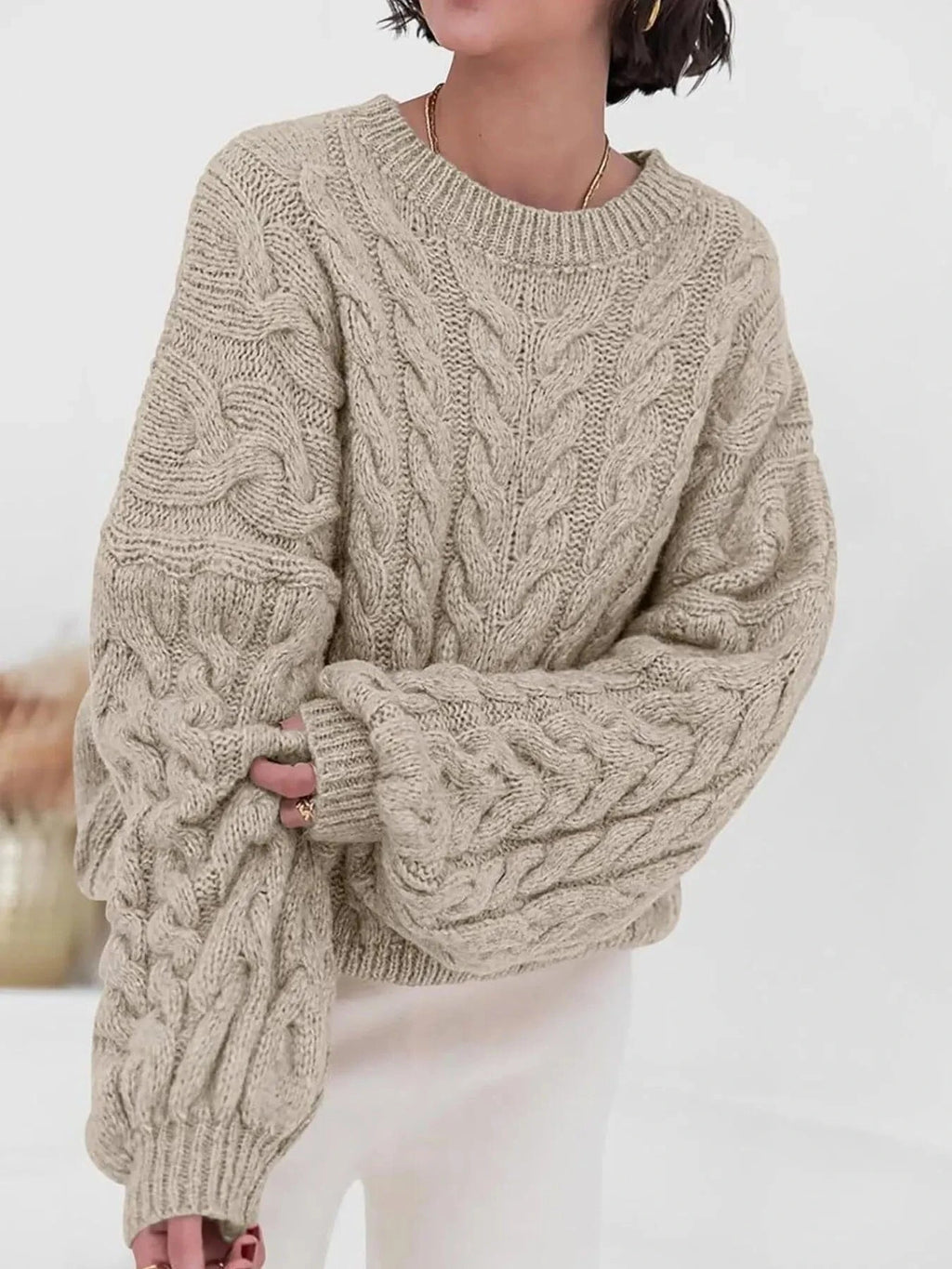 Cable Knit Long Sleeve Sweater - ShalayeFashion