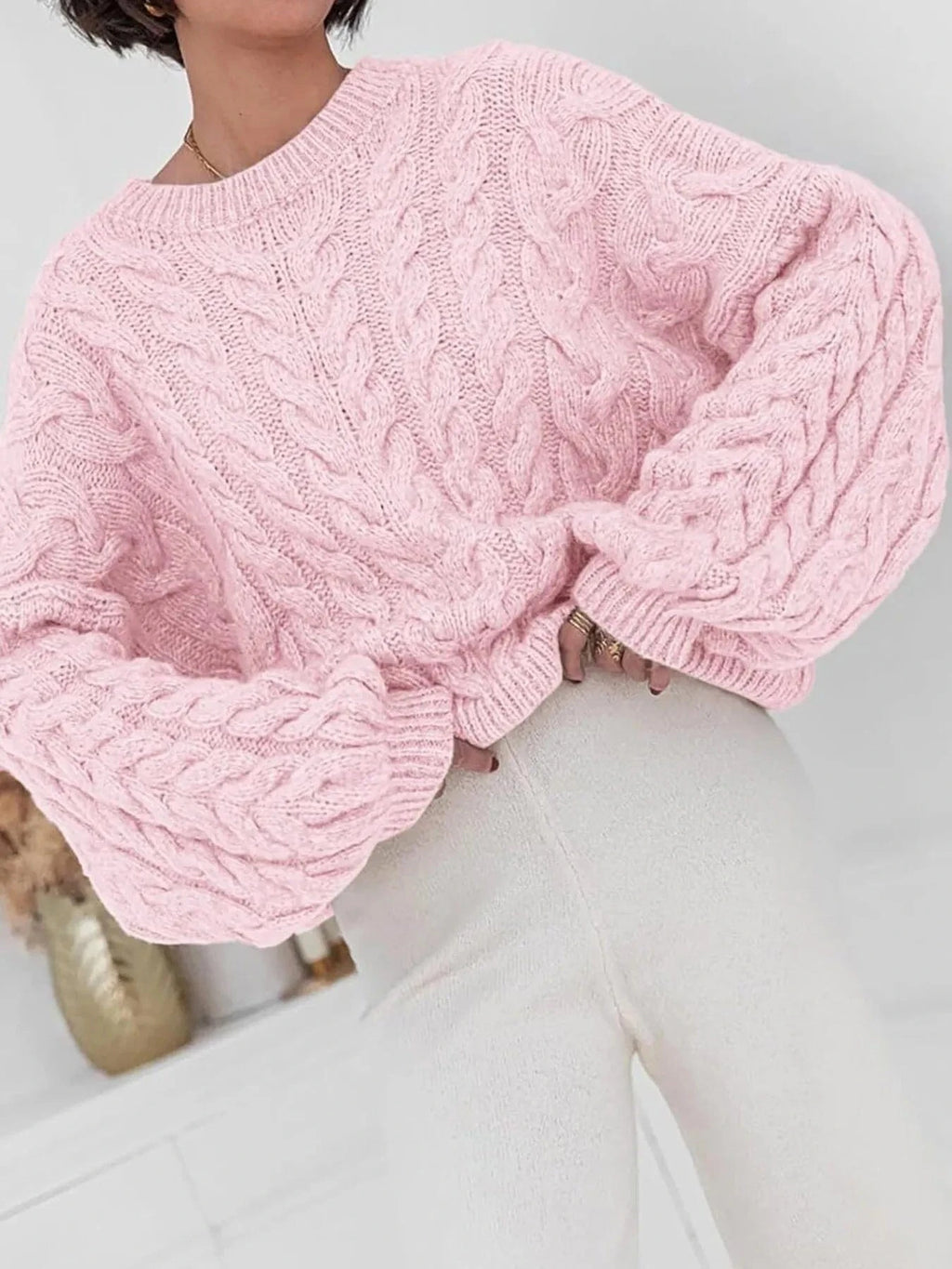 Cable Knit Long Sleeve Sweater - ShalayeFashion