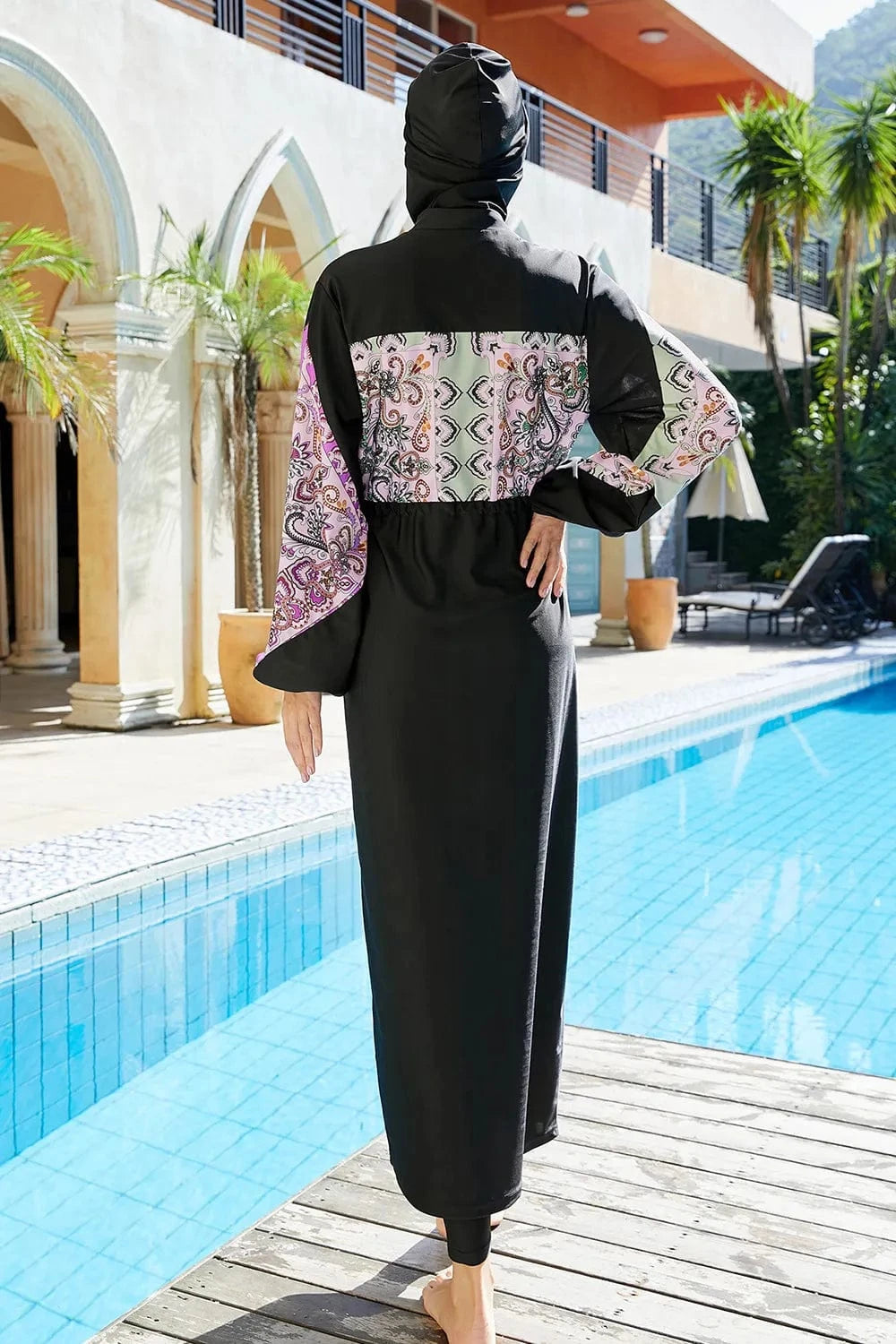 Cap, Drawstring Printed Long Sleeve Dress and Pants Swim Set - ShalayeFashion