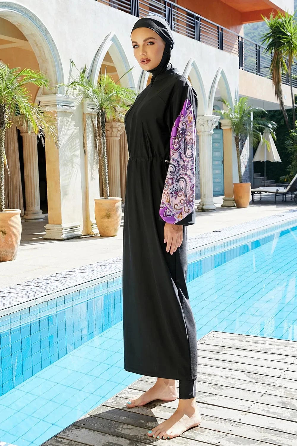 Cap, Drawstring Printed Long Sleeve Dress and Pants Swim Set - ShalayeFashion