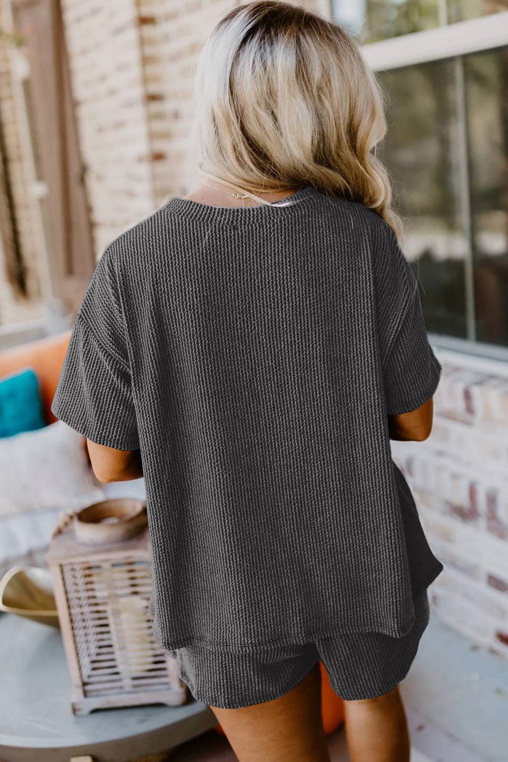 Carbon Grey Ribbed Knit Tee & Shorts - ShalayeFashion