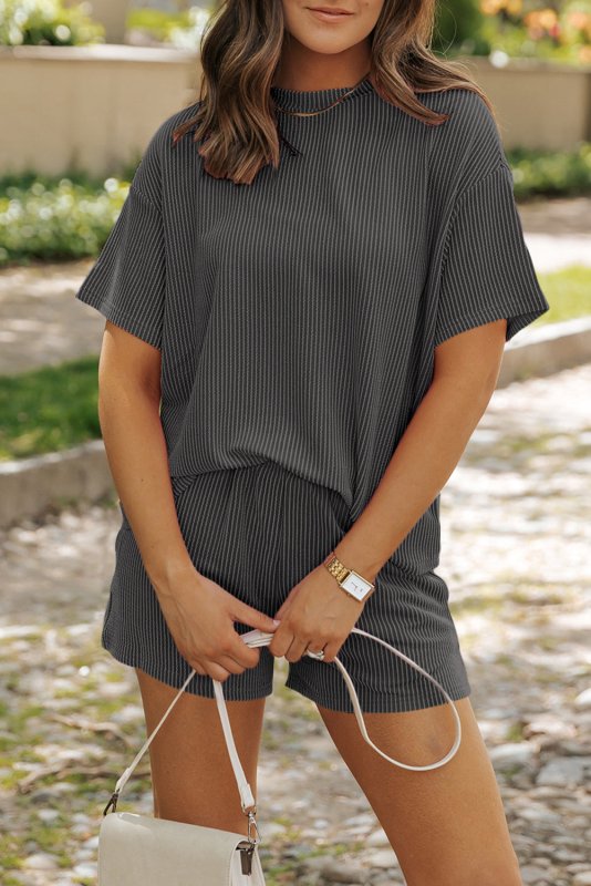 Carbon Grey Ribbed Knit Tee & Shorts - ShalayeFashion