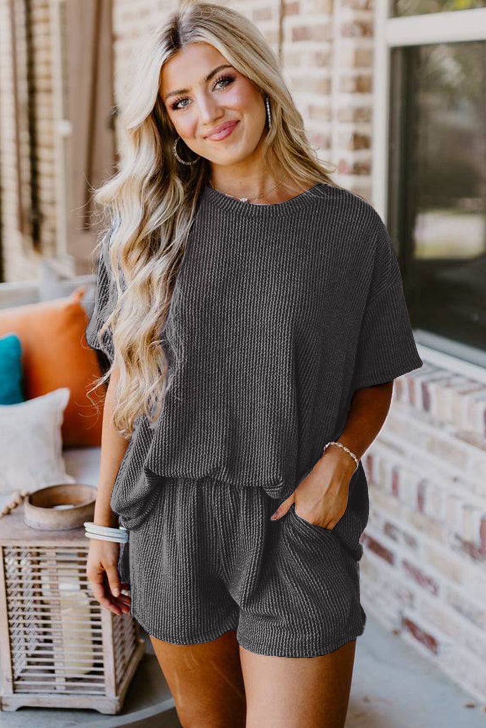 Carbon Grey Ribbed Knit Tee & Shorts - ShalayeFashion