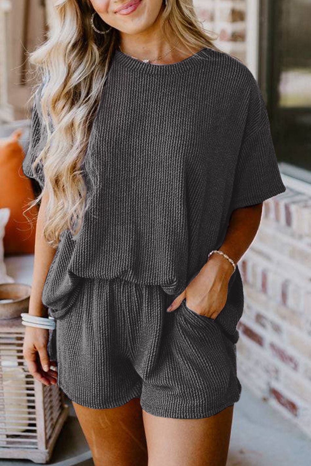 Carbon Grey Ribbed Knit Tee & Shorts - ShalayeFashion