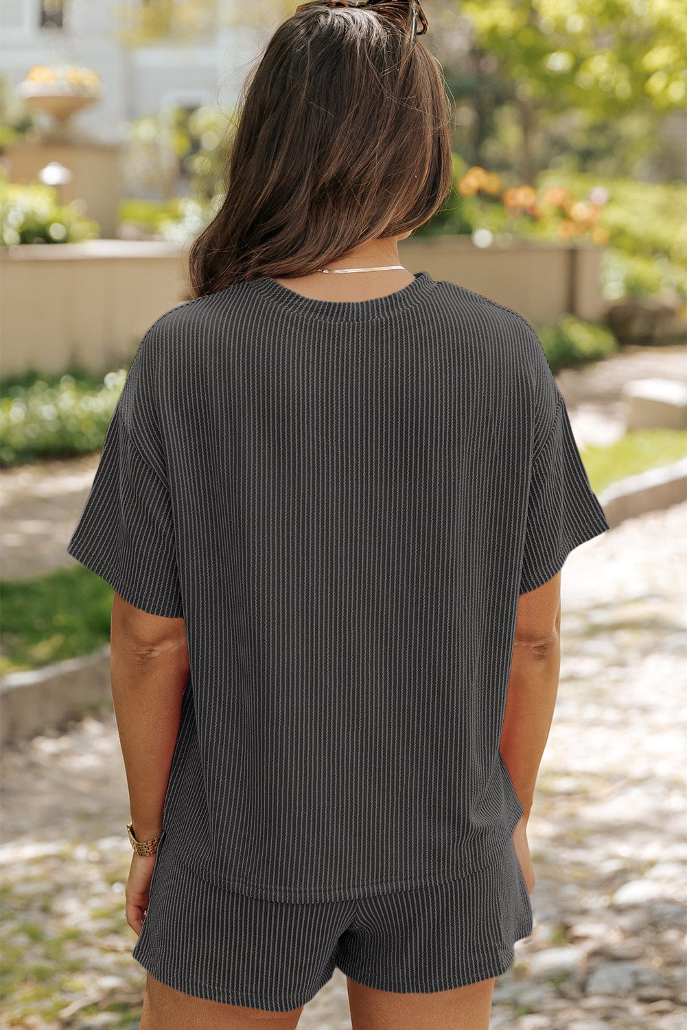 Carbon Grey Ribbed Knit Tee & Shorts - ShalayeFashion