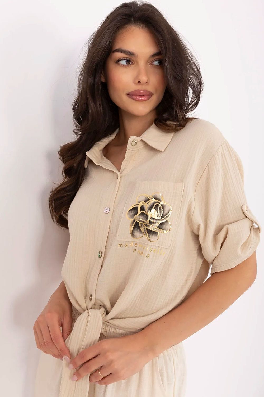 Casual Cotton Shirt Tie Bottom Pocket - ShalayeFashion