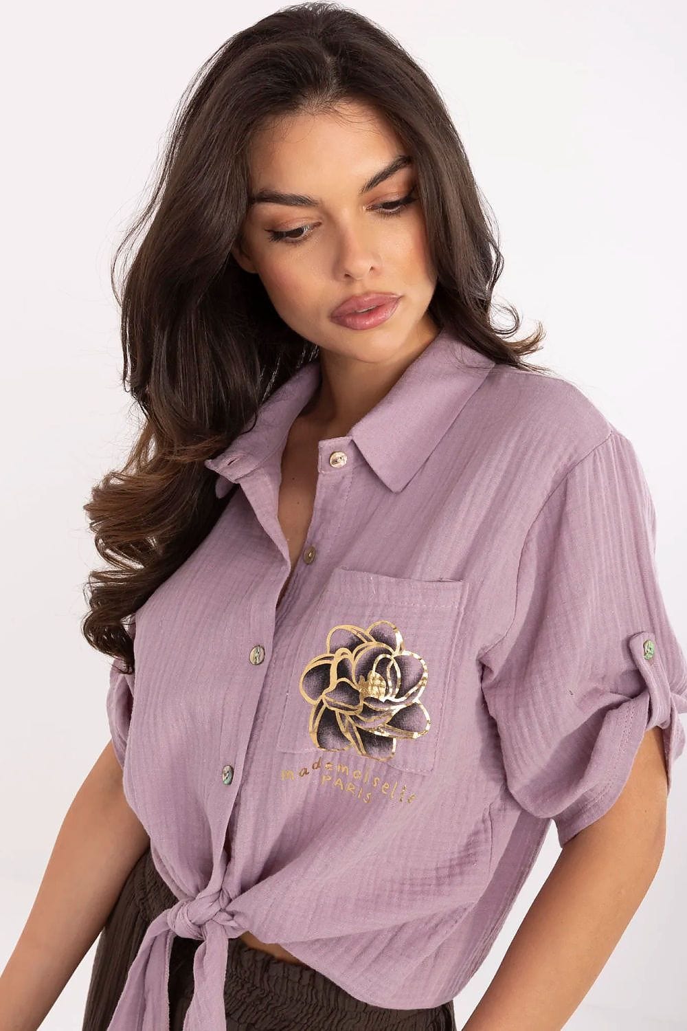 Casual Cotton Shirt Tie Bottom Pocket - ShalayeFashion