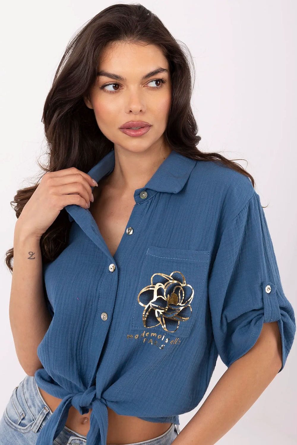 Casual Cotton Shirt Tie Bottom Pocket - ShalayeFashion