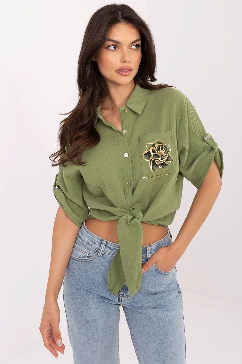 Casual Cotton Shirt Tie Bottom Pocket - ShalayeFashion
