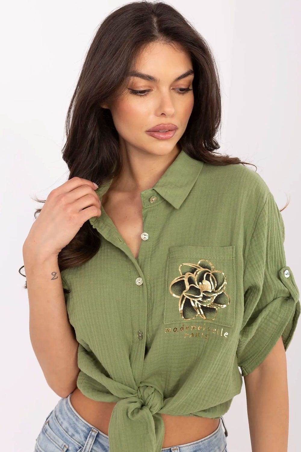 Casual Cotton Shirt Tie Bottom Pocket - ShalayeFashion