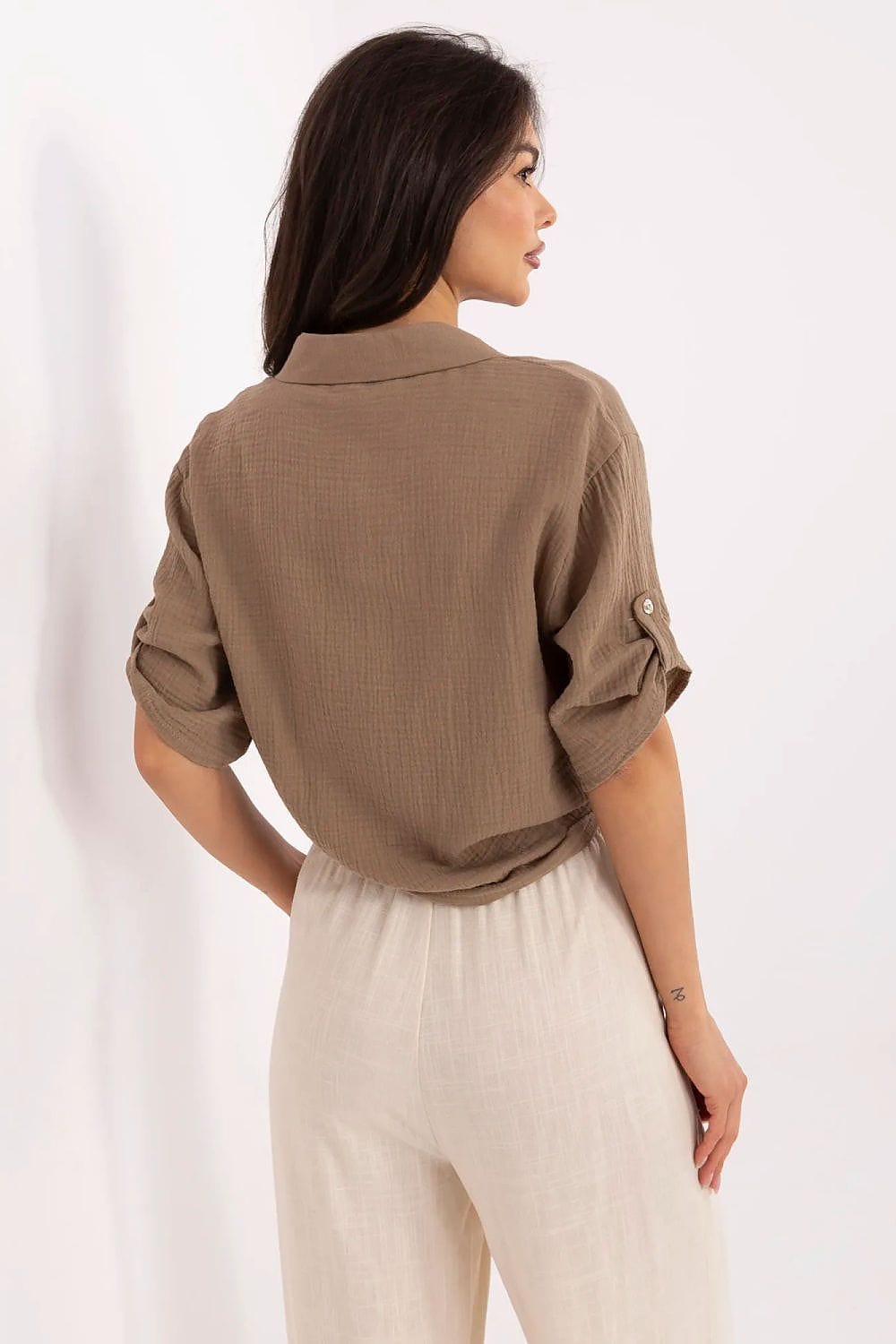 Casual Cotton Shirt Tie Bottom Pocket - ShalayeFashion