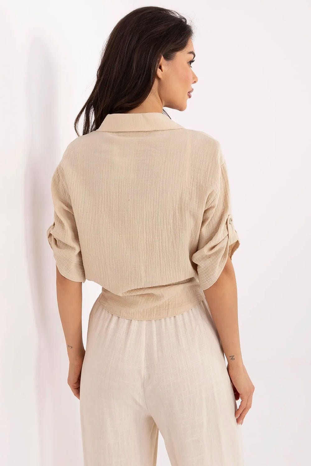 Casual Cotton Shirt Tie Bottom Pocket - ShalayeFashion