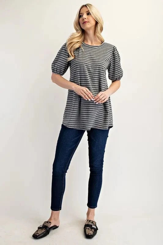 Celeste Full Size Gingham Print Top With Puff Sleeves Plus Size - ShalayeFashion