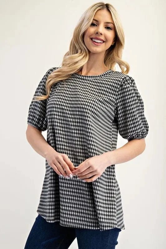 Celeste Full Size Gingham Print Top With Puff Sleeves Plus Size - ShalayeFashion
