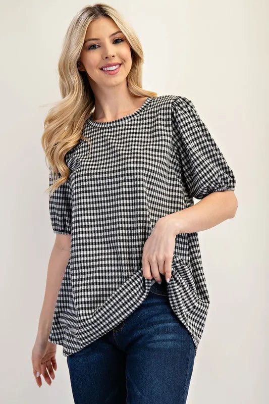 Celeste Full Size Gingham Print Top With Puff Sleeves Plus Size - ShalayeFashion
