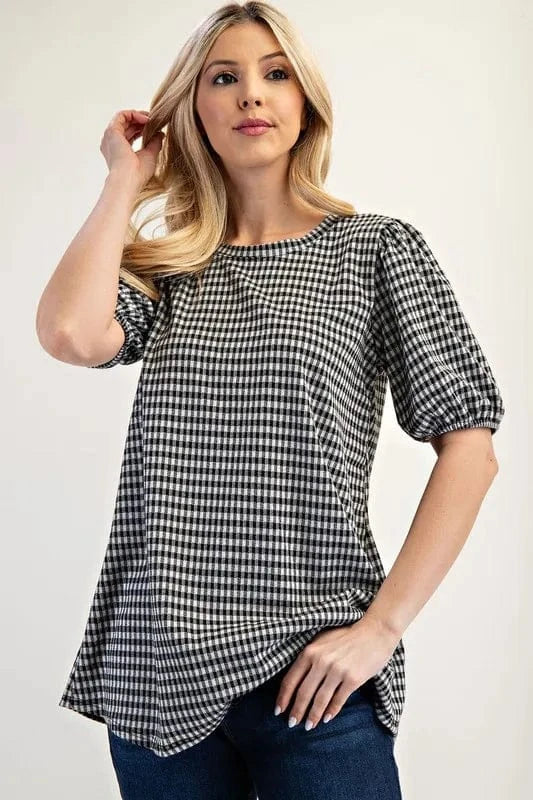 Celeste Full Size Gingham Print Top With Puff Sleeves Plus Size - ShalayeFashion