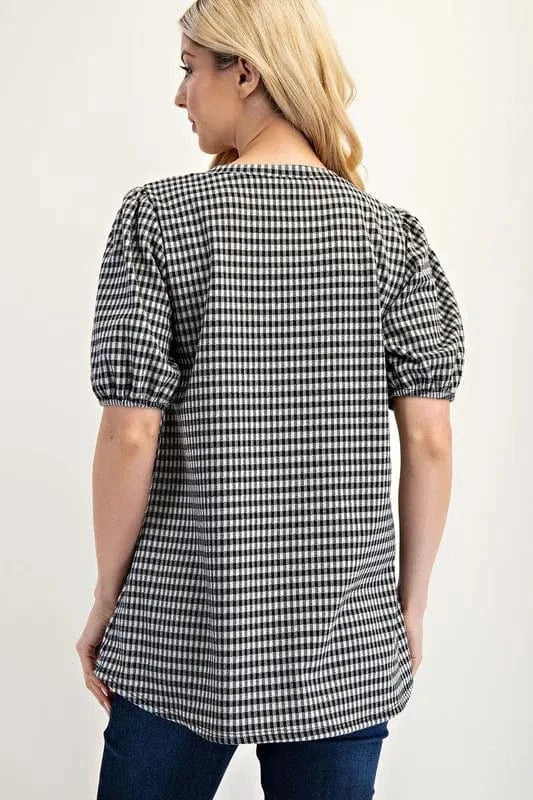 Celeste Full Size Gingham Print Top With Puff Sleeves Plus Size - ShalayeFashion