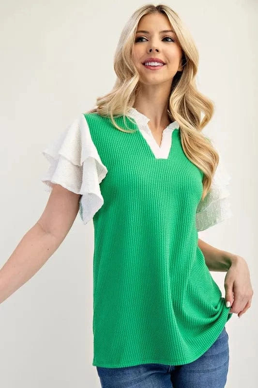 Celeste Full Size Solid Color Top with Ruffle Layered Sleeves Plus Size - ShalayeFashion
