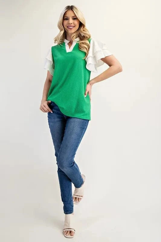 Celeste Full Size Solid Color Top with Ruffle Layered Sleeves Plus Size - ShalayeFashion
