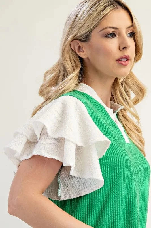 Celeste Full Size Solid Color Top with Ruffle Layered Sleeves Plus Size - ShalayeFashion