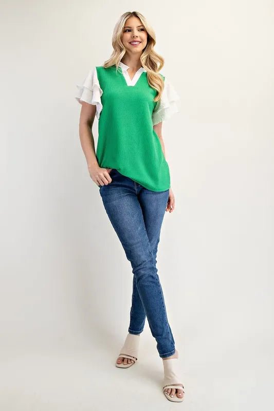 Celeste Full Size Solid Color Top with Ruffle Layered Sleeves Plus Size - ShalayeFashion