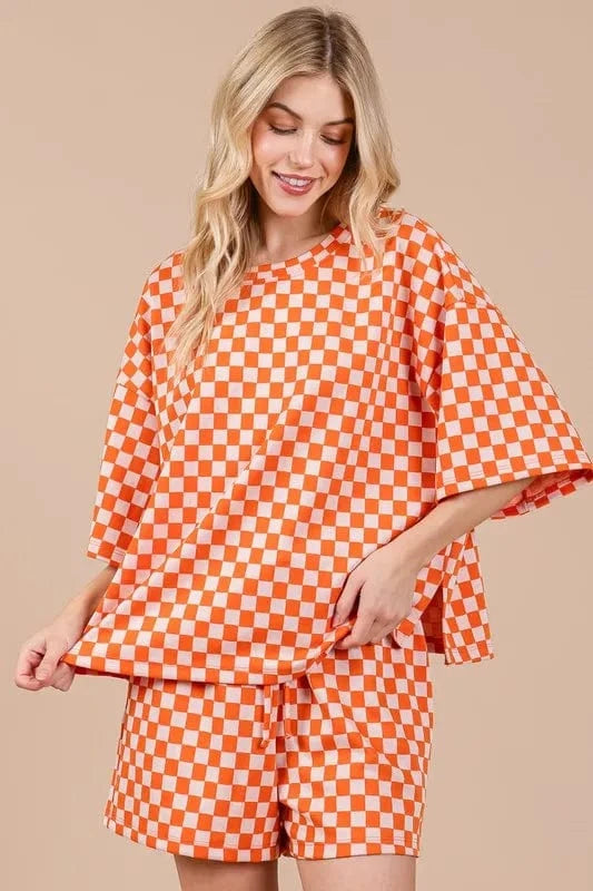 Ces Femme Checkered Round Neck Top and Shorts Set - ShalayeFashion