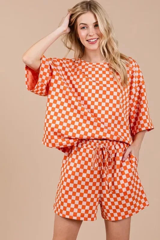 Ces Femme Checkered Round Neck Top and Shorts Set - ShalayeFashion