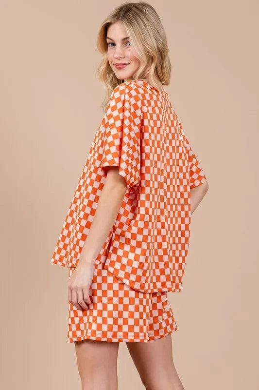 Ces Femme Checkered Round Neck Top and Shorts Set - ShalayeFashion