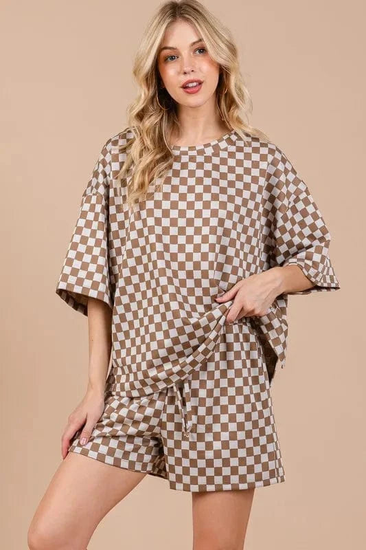 Ces Femme Checkered Round Neck Top and Shorts Set - ShalayeFashion