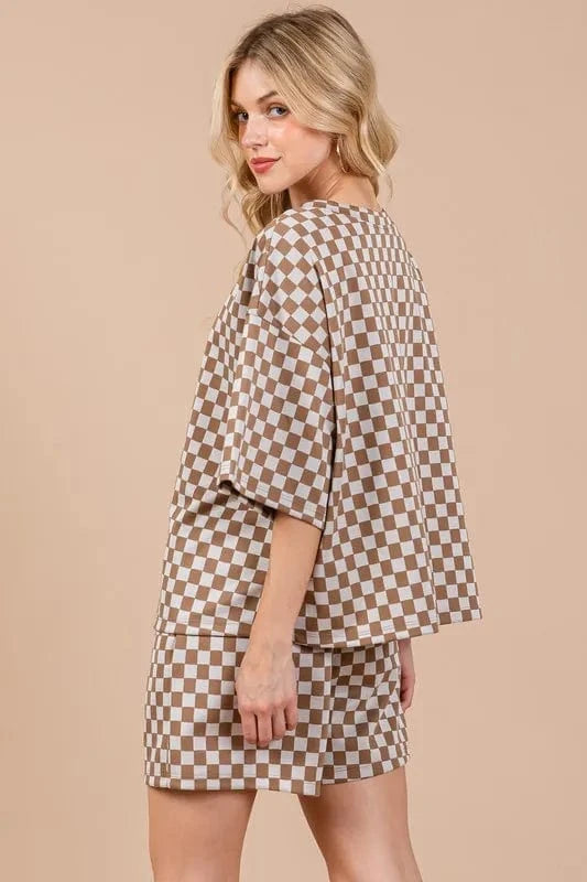 Ces Femme Checkered Round Neck Top and Shorts Set - ShalayeFashion