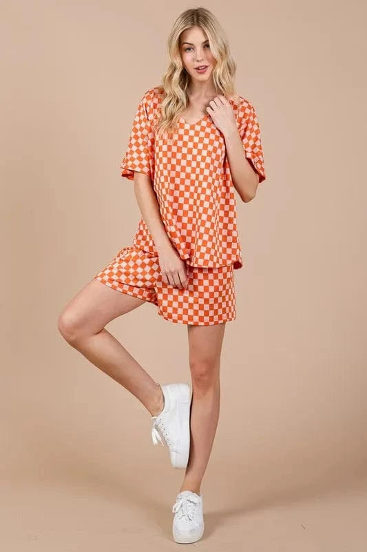 Ces Femme Checkered Round Neck Top and Shorts Set - ShalayeFashion