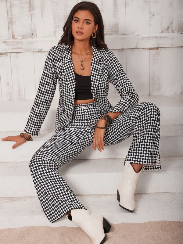 Checkered Blazer & Slit Pants Set - ShalayeFashion