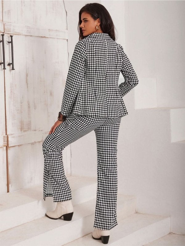 Checkered Blazer & Slit Pants Set - ShalayeFashion