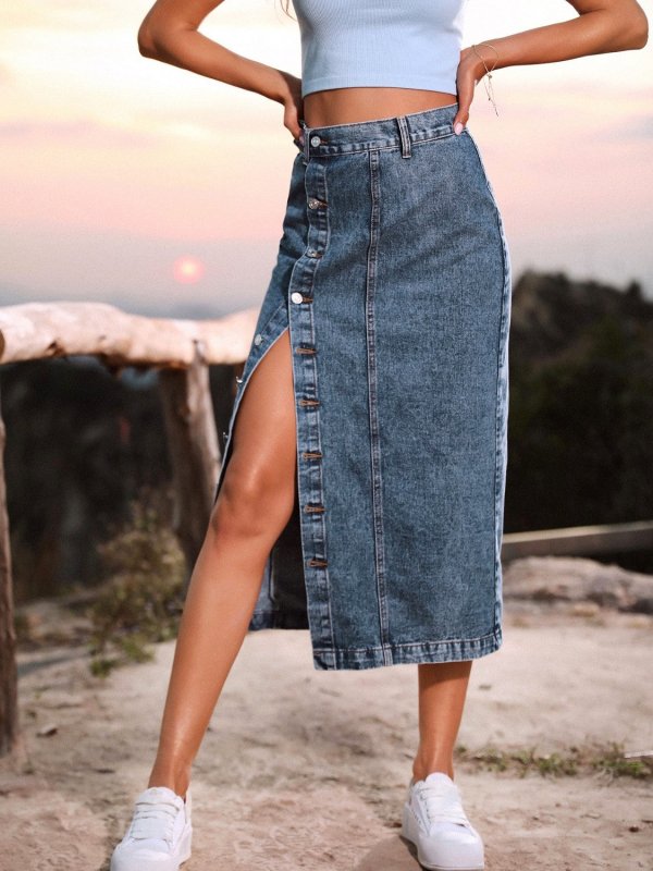 Chic Button Down Denim Skirt Women - ShalayeFashion
