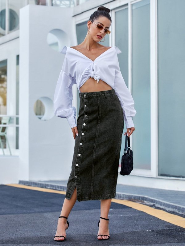 Chic Button Down Denim Skirt Women - ShalayeFashion