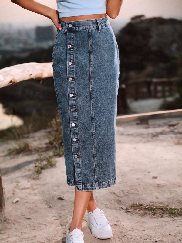 Chic Button Down Denim Skirt Women - ShalayeFashion