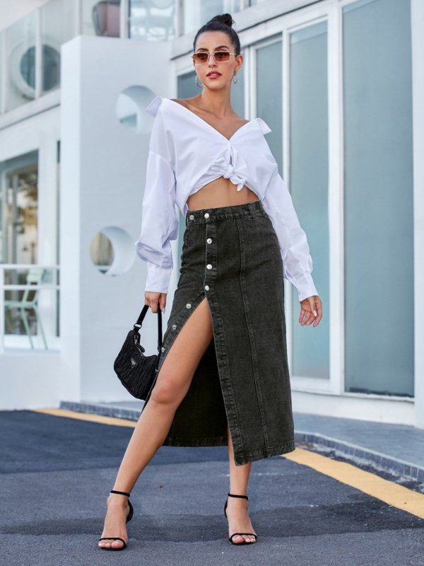Chic Button Down Denim Skirt Women - ShalayeFashion