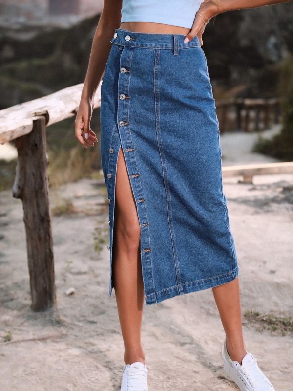 Chic Button Down Denim Skirt Women - ShalayeFashion