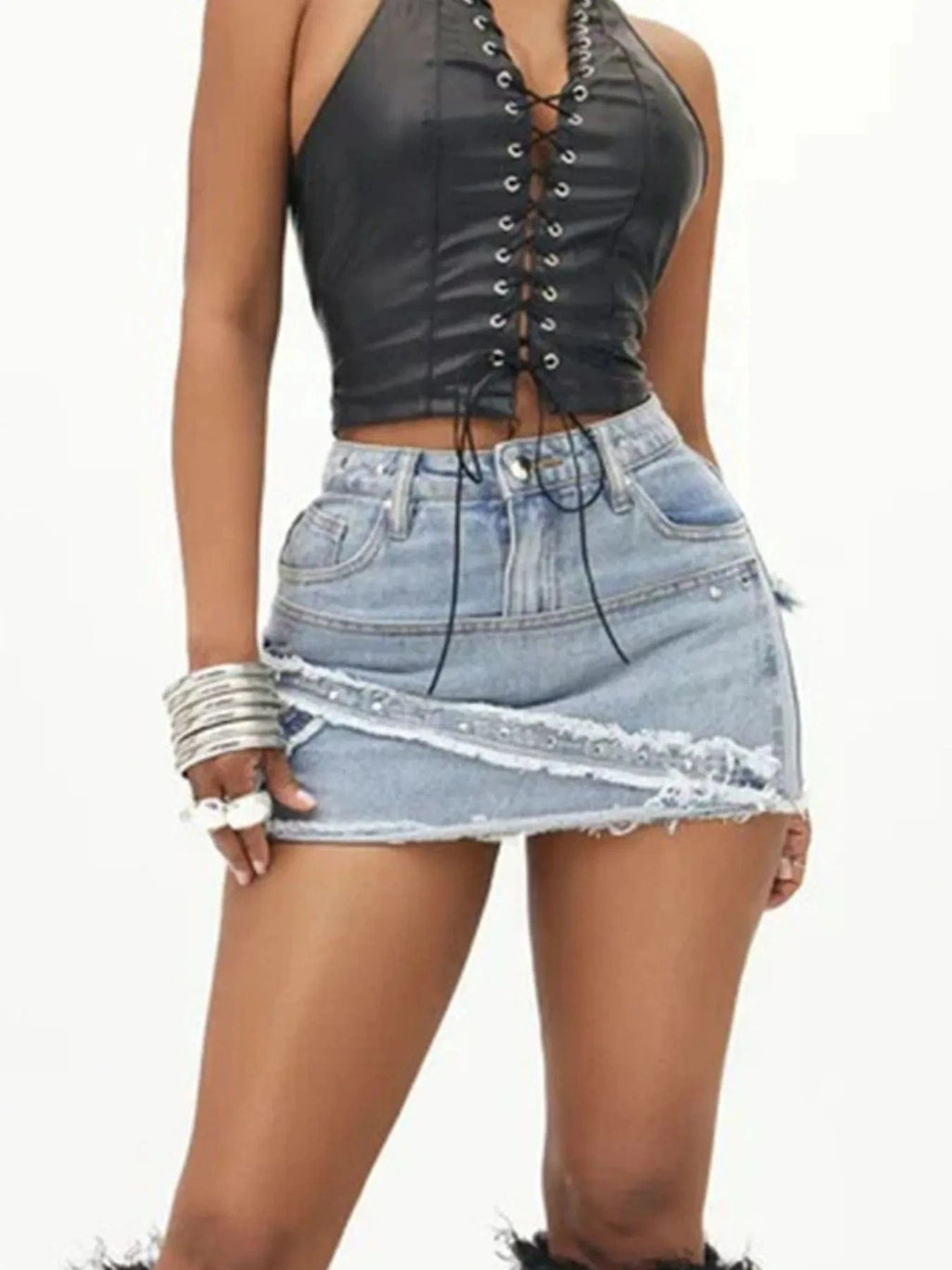 Chic Raw Hem Denim Mini Skirt Women - ShalayeFashion