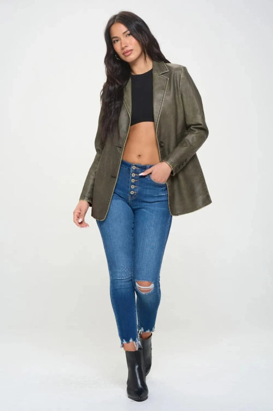 Coalition LA Single - Breasted Vegan Leather Blazer - ShalayeFashion