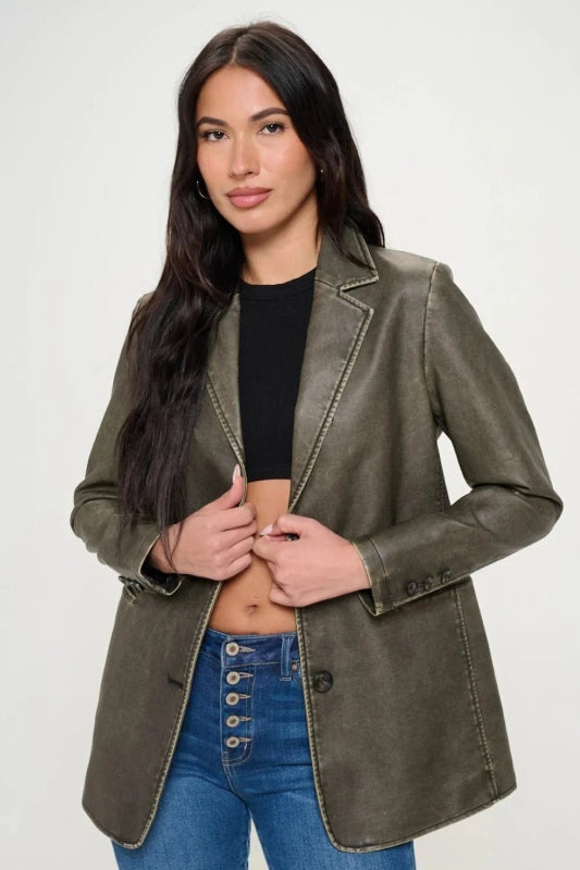 Coalition LA Single - Breasted Vegan Leather Blazer - ShalayeFashion