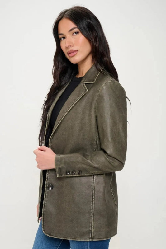 Coalition LA Single - Breasted Vegan Leather Blazer - ShalayeFashion